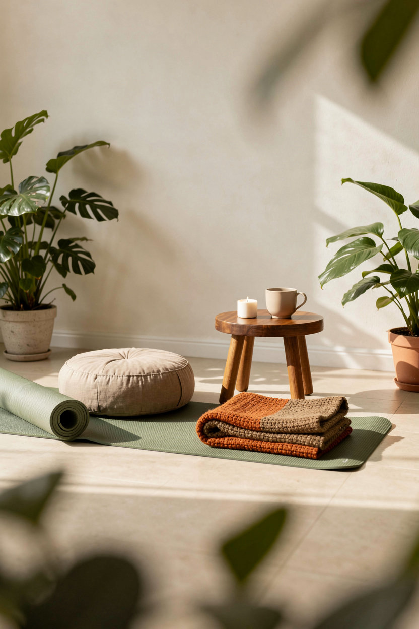 Quiet home studio corner with natural light, a rolled yoga mat and plants, representing the calm online hatha yoga classes offered by Hatha Yoga