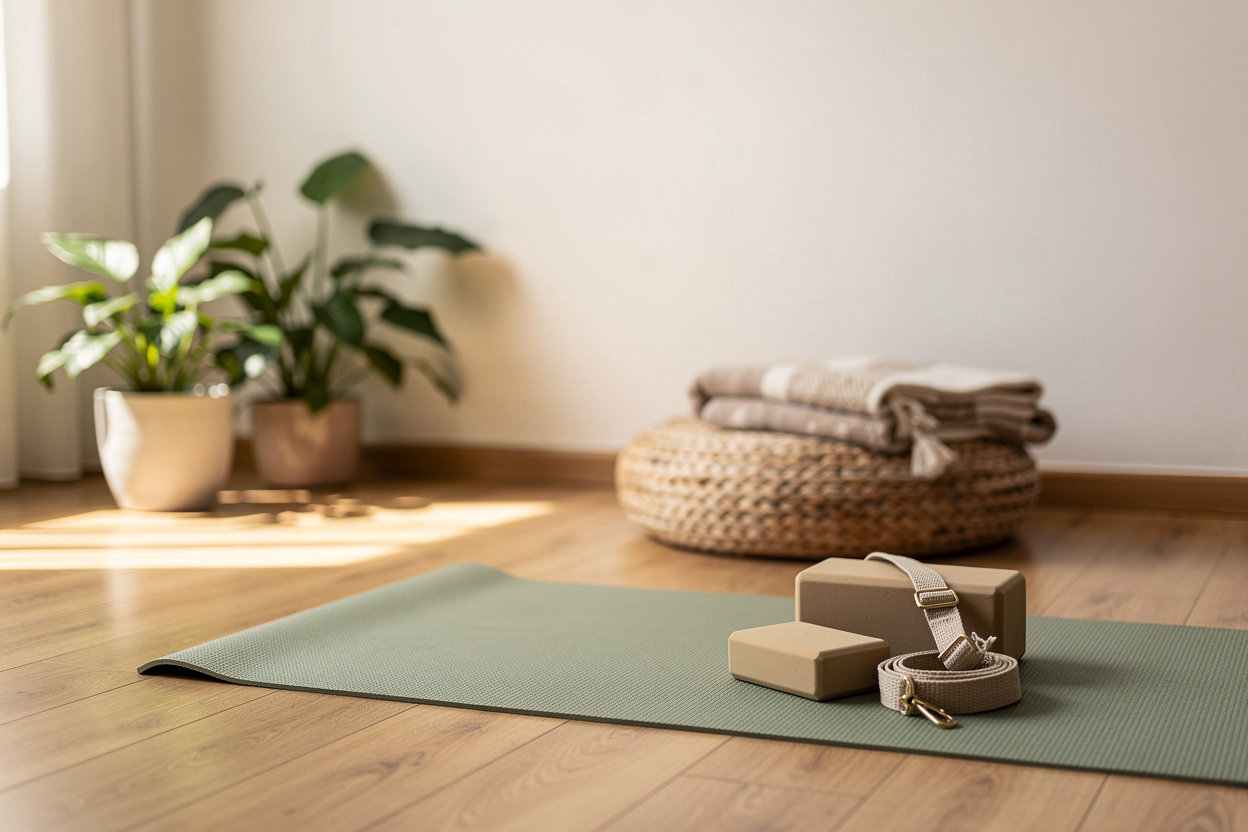 Quiet corner with a rolled yoga mat and soft natural light, set up for beginner Hatha Yoga online classes