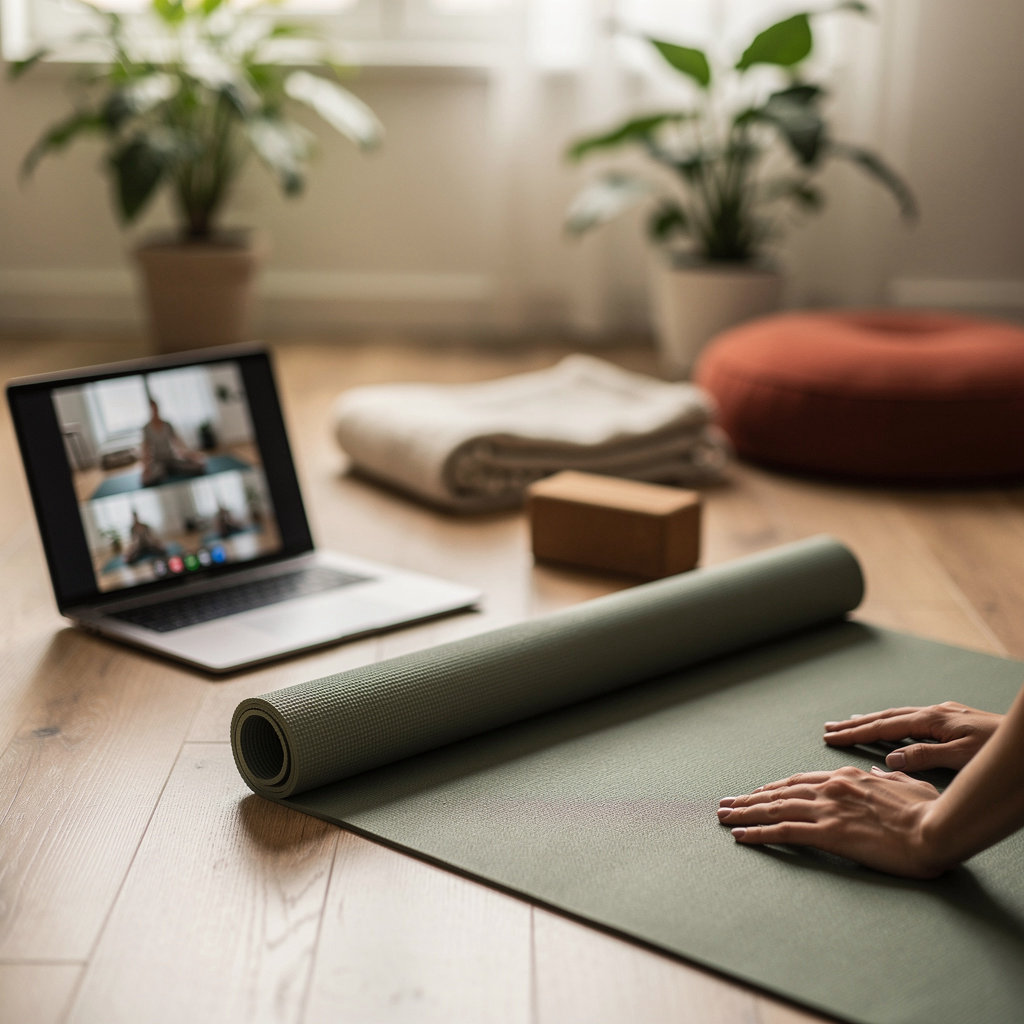 Hatha Yoga live online class set up in a calm home practice space with a rolled mat and soft natural light