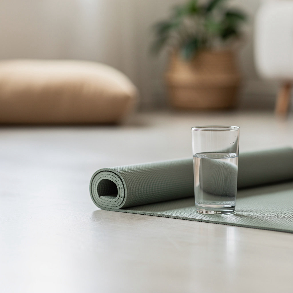 Hatha Yoga online class setup with a rolled yoga mat and a glass of water in a calm home practice space