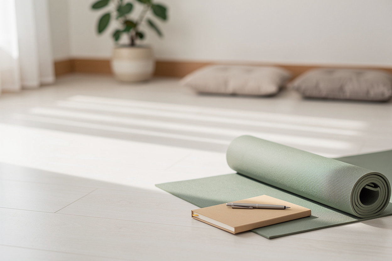 Simple yoga mat and notebook arranged in a calm space, representing gentle online hatha yoga for beginners at Hatha Yoga
