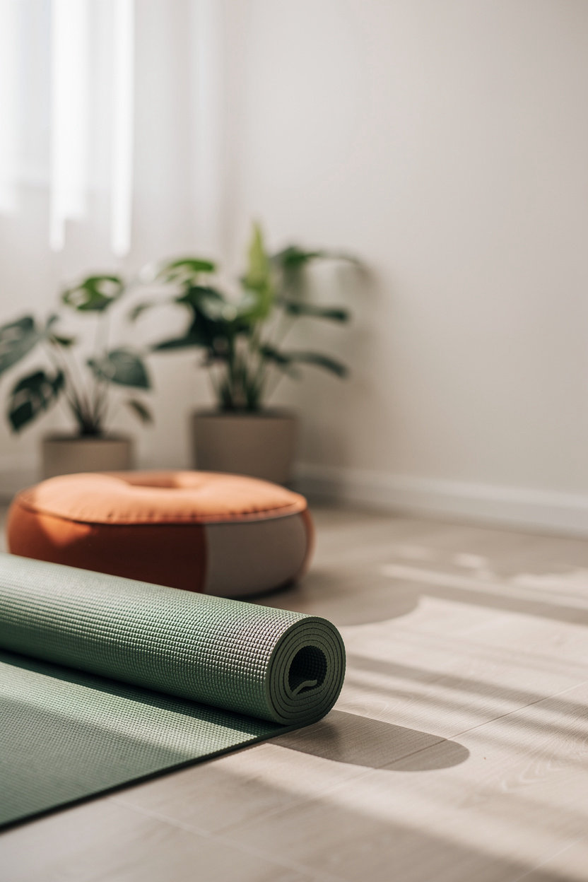 Quiet home practice space for Hatha Yoga online classes, with a rolled yoga mat, cushion, and plants by a window