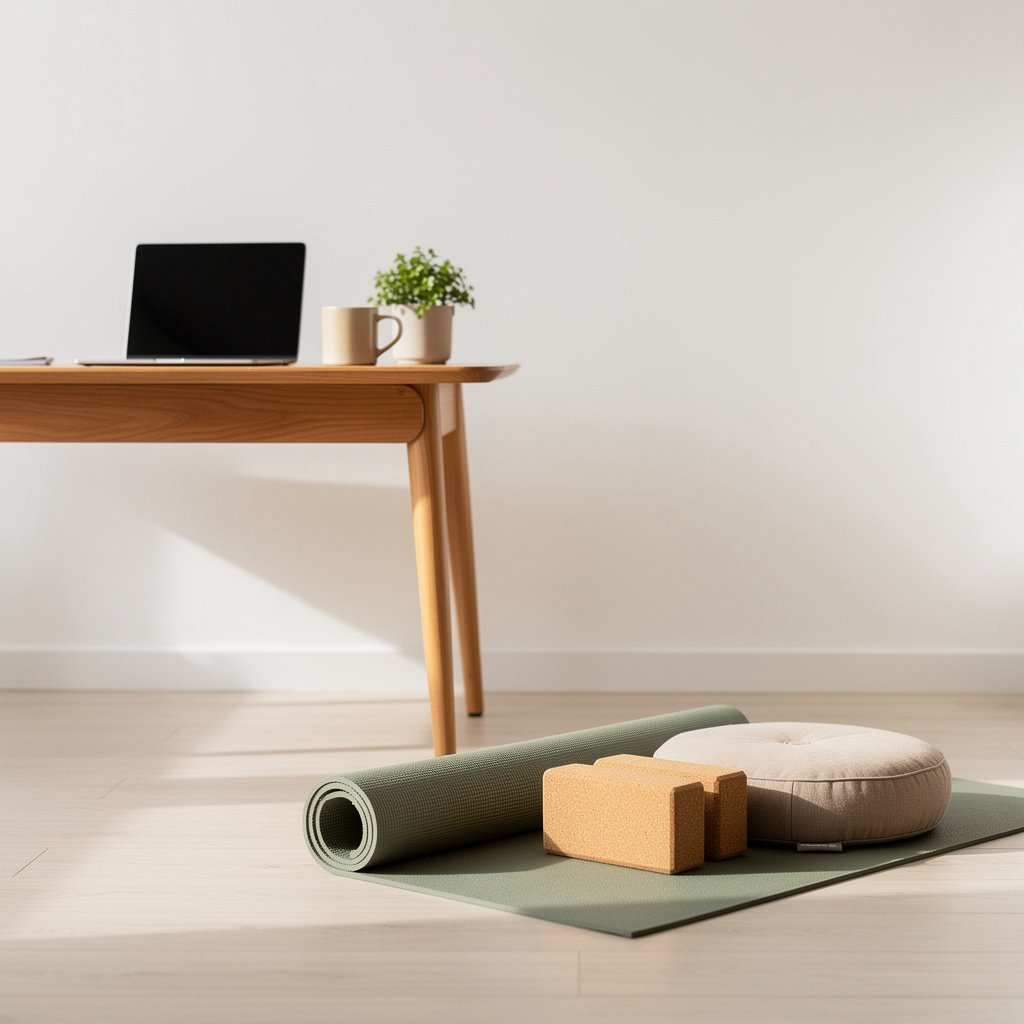 Hatha Yoga online practice set up in a tidy home workspace with a yoga mat ready beside a desk, suited to remote workers
