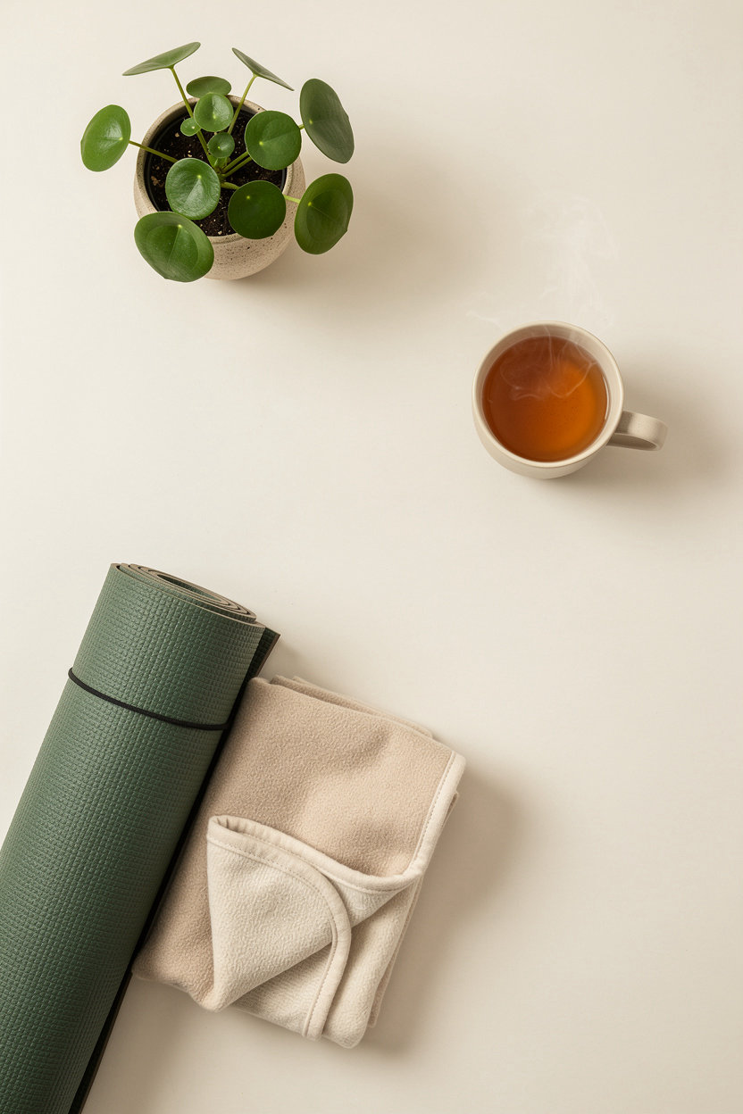 Quiet home setting with soft light, a folded blanket, and a cup of tea, representing a calm moment of gentle Hatha Yoga online practice